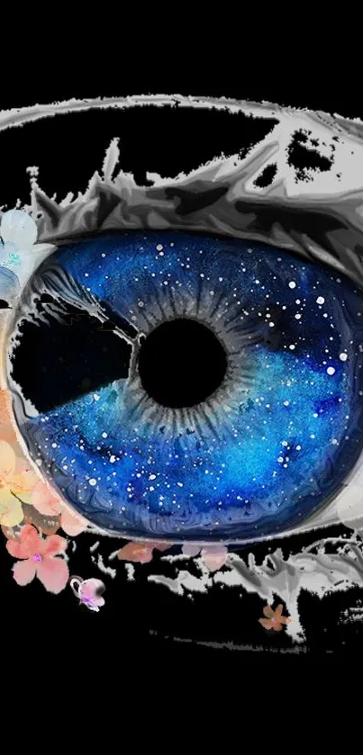 Cosmic eye with galaxy and floral design wallpaper.