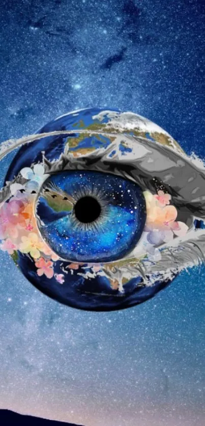 Surreal cosmic eye with floral art in a starry blue background.