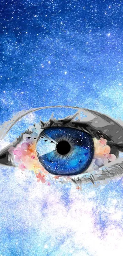 Galactic themed eye digital art wallpaper in vibrant blue tones.