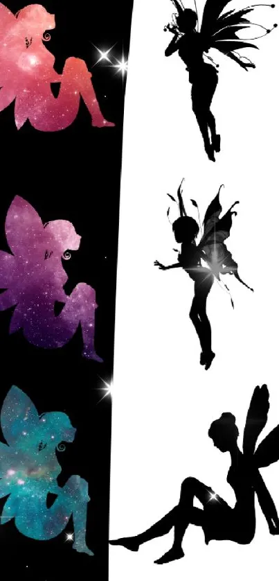 Silhouetted fairies on cosmic-themed background wallpaper.