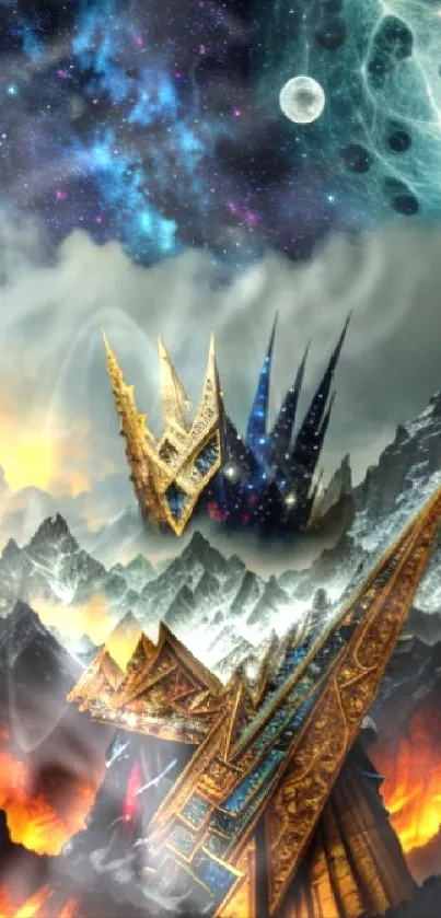 Abstract fantasy landscape with cosmic sky and spires wallpaper.