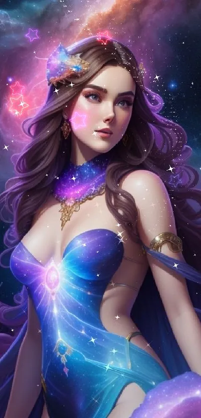 Mystical woman in a galactic, fantasy-themed mobile wallpaper.