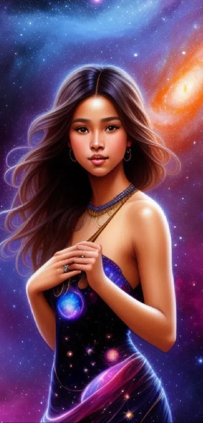 Fantasy woman amidst a vibrant galactic background with cosmic elements.