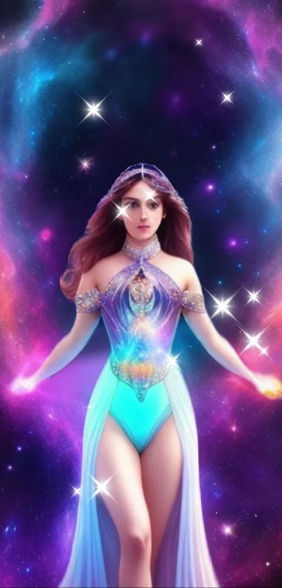 Fantasy goddess in a purple cosmic galaxy wallpaper.