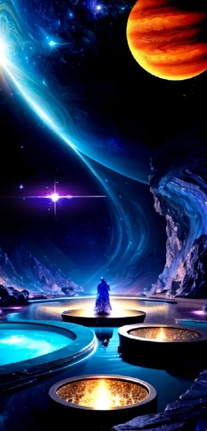 Vibrant galactic fantasy wallpaper with planets and stars.