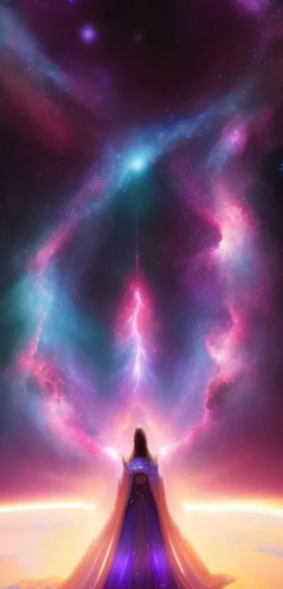 Mystical figure under a vibrant, cosmic nebula in a galaxy-themed wallpaper.