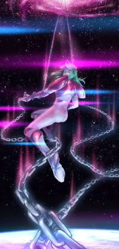 Fantasy figure in space with chains and galaxy background.