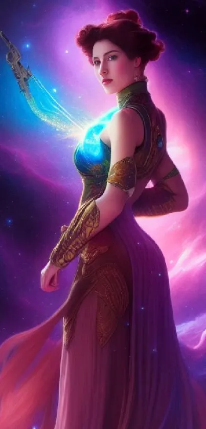 Fantasy character in space-themed attire on a vibrant galactic background.