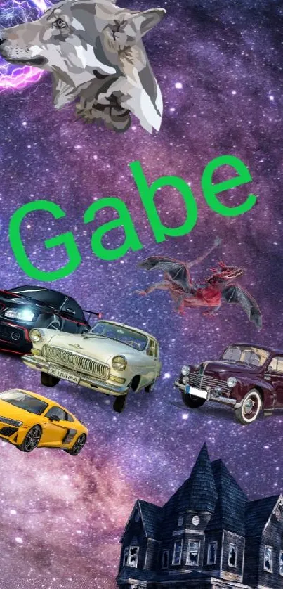 Fantasy galaxy wallpaper with cars and dinosaurs in space.