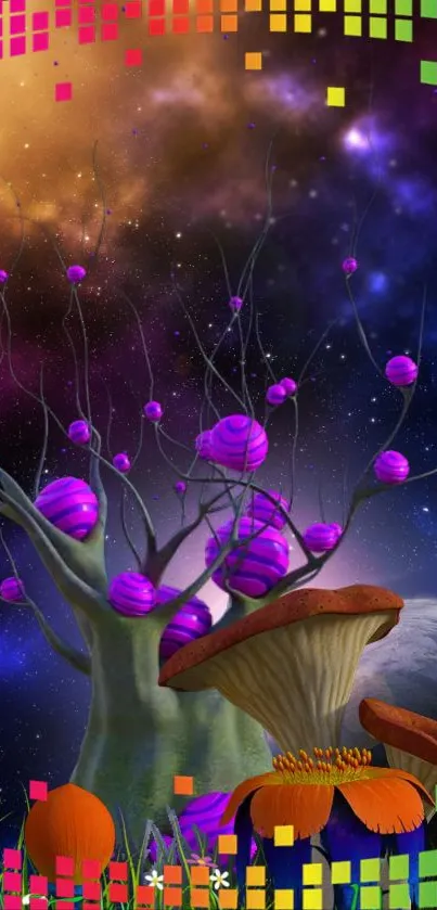 Colorful cosmic landscape with fantasy tree and glowing orbs.