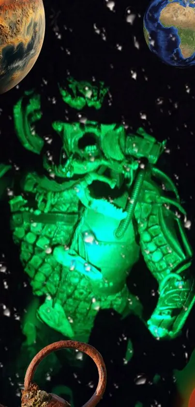 Neon green warrior in space with planets overhead.