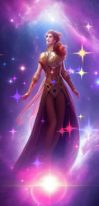 Stunning fantasy wallpaper of a cosmic woman in purple hues amid galactic backdrop.