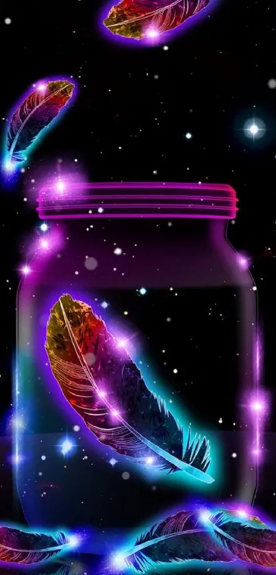 Glowing feathers in jar with a galaxy backdrop, vibrant neon colors.