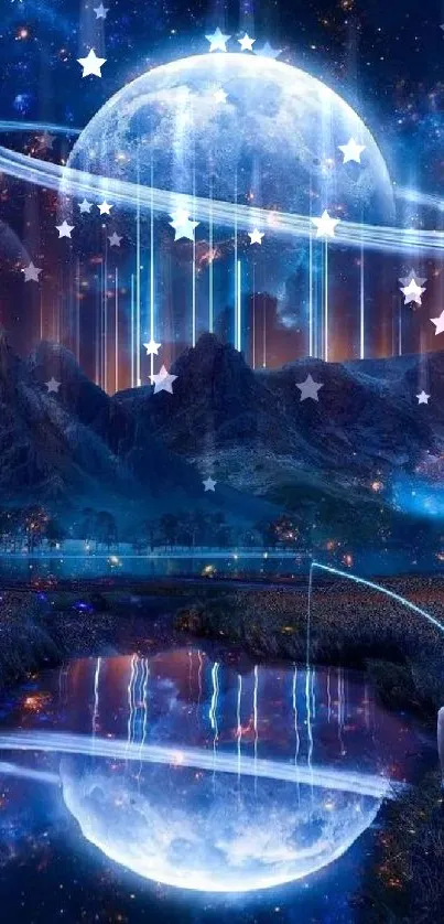 Surreal cosmic landscape with a lake, mountains, and Saturn in the night sky.