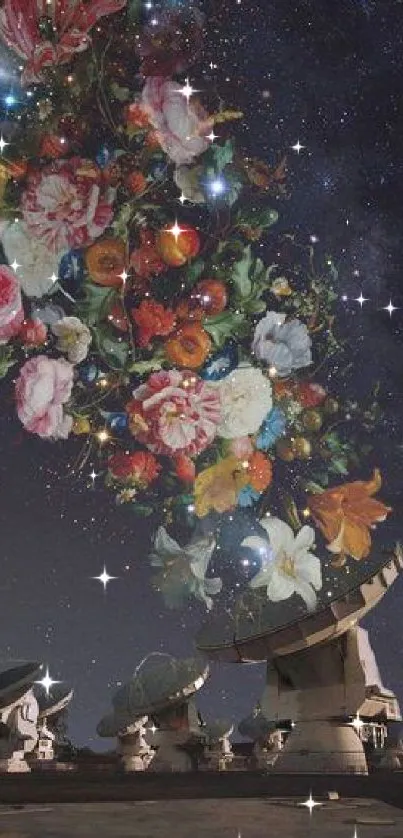 Floral arrangement flows from satellites into a starry galaxy background.