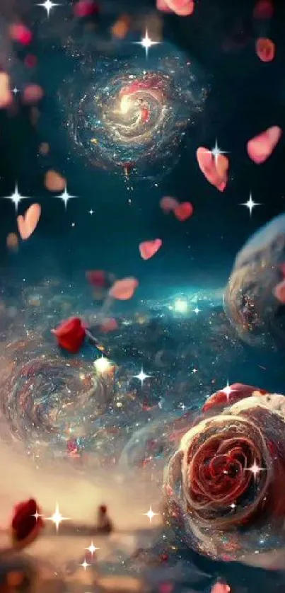 Cosmic scene with galaxies and rose petals in deep blue and pink hues.