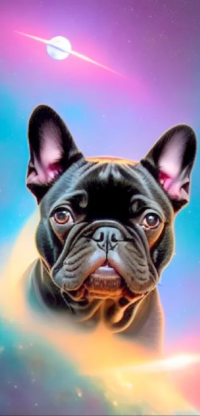 French Bulldog in a colorful cosmic scene with planetary elements.