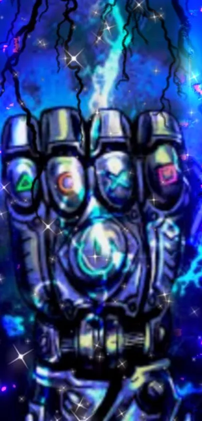 Futuristic glove with cosmic design and neon blue glow.