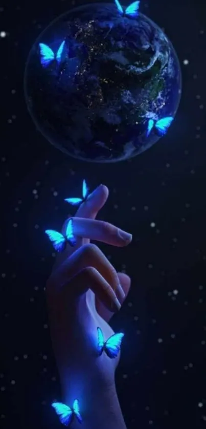 A hand reaches for the starry galaxy with glowing blue butterflies.