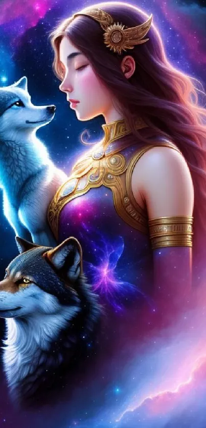 Celestial goddess with wolves in cosmic setting mobile wallpaper.