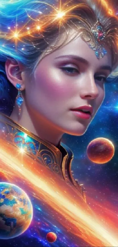 Fantasy galactic goddess with cosmic elements and vibrant colors in mobile wallpaper.