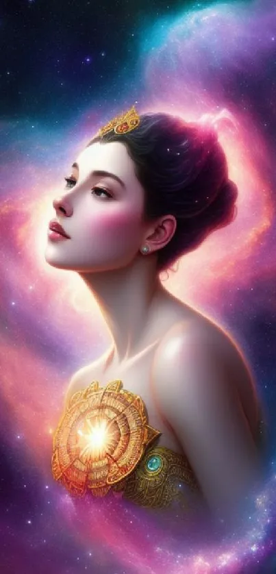 A celestial goddess in vibrant cosmic hues surrounded by a galactic backdrop.