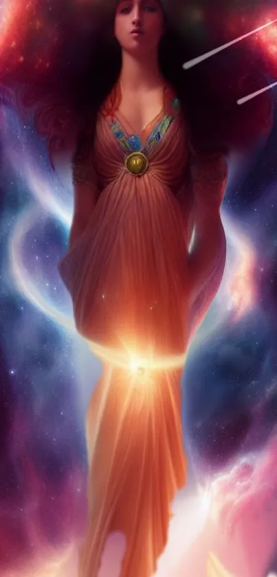 Ethereal goddess in space-themed mobile wallpaper with plum hues.