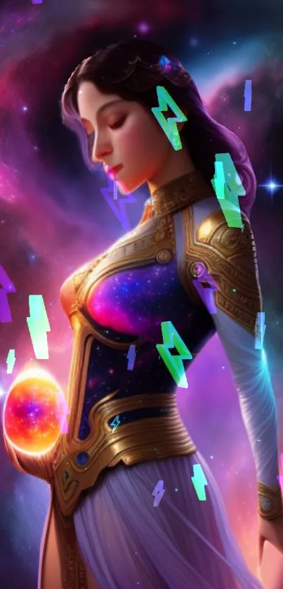 Galactic goddess with cosmic background and vibrant colors.