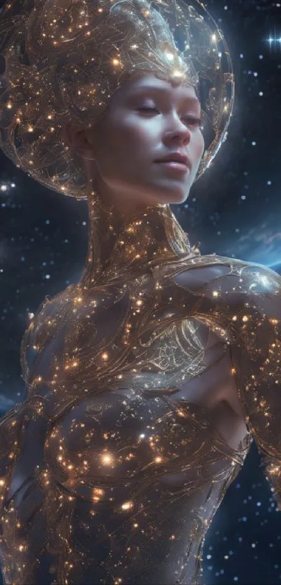 Futuristic goddess adorned with cosmic lights in space.