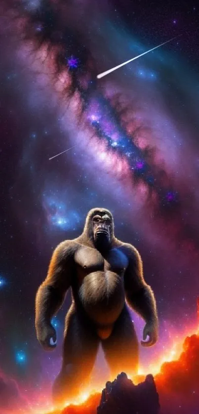 Majestic gorilla against a vibrant galaxy backdrop, creating a surreal cosmic scene.