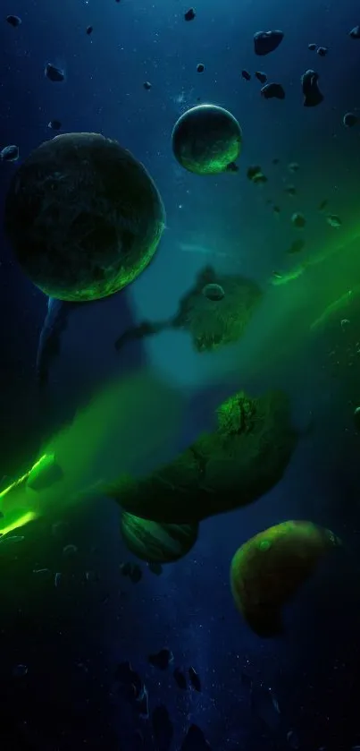 Cosmic green and blue planets with asteroids.