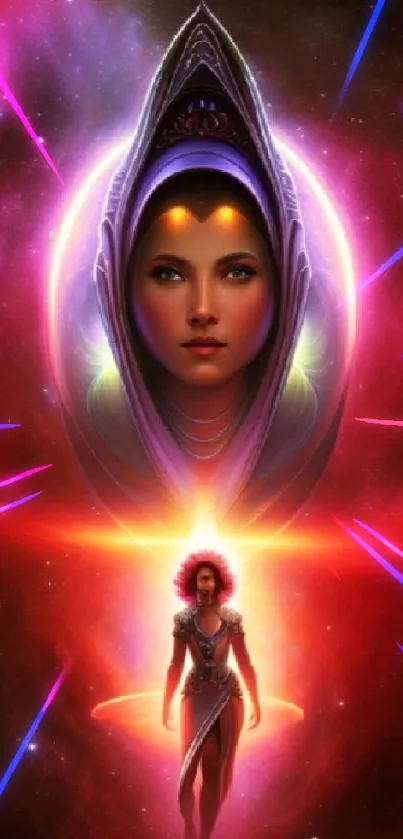 Galactic-themed wallpaper with celestial beings and deep red hues.