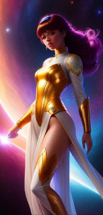 Galactic wallpaper featuring futuristic female guardian with glowing cosmic background.