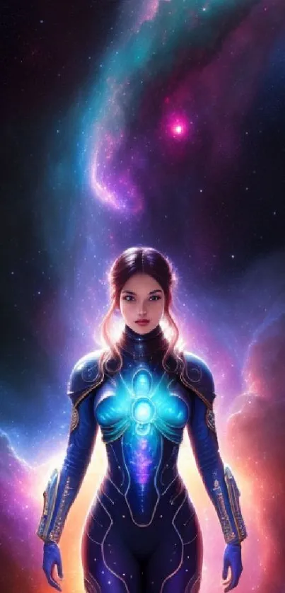 Sci-fi guardian in vibrant cosmic colors on phone wallpaper.