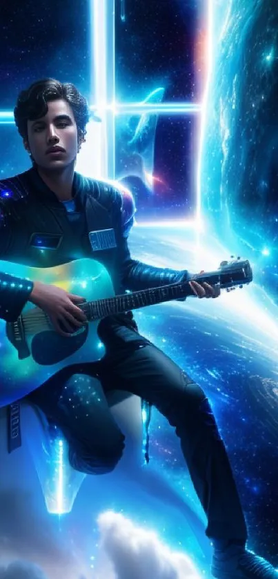 A futuristic guitarist plays amid stars and cosmic blues in space.