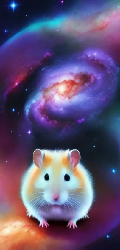 Cute hamster in a colorful galaxy background wallpaper.