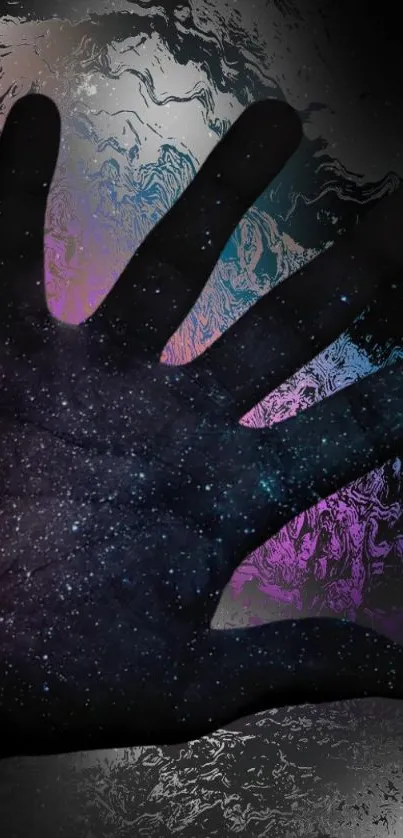 Abstract hand with starry background in a galaxy-inspired mobile wallpaper.