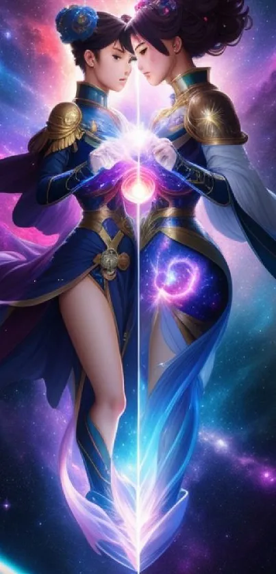 Two figures in celestial costumes in a galaxy-themed mobile wallpaper.