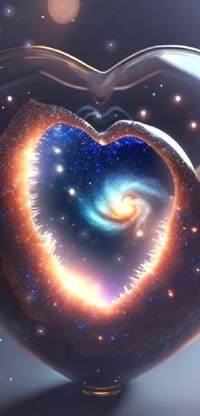 Glowing heart galaxy inside a glass sphere, cosmic art wallpaper.