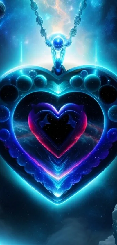 Glowing heart pendant with cosmic galaxy background in neon blue hues.