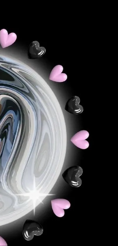 Abstract swirl with pink and black hearts on a black background wallpaper.