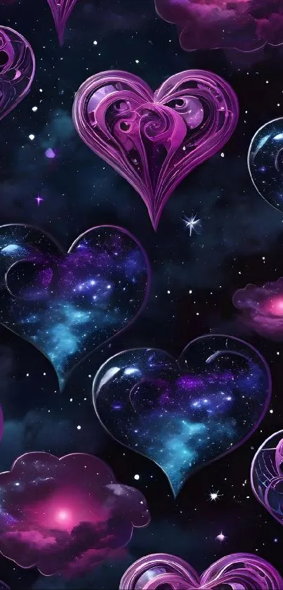 Cosmic hearts and clouds wallpaper with dark purple and blue hues.