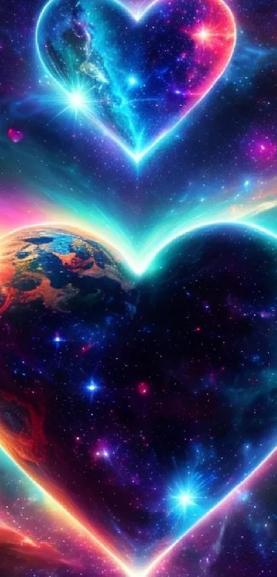 Glowing cosmic hearts in vibrant galaxy wallpaper.