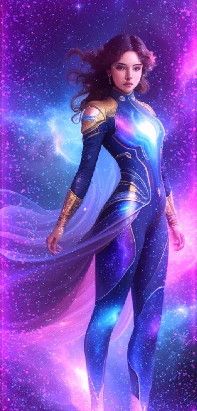 Galactic heroine in a vibrant cosmic nebula with stars.