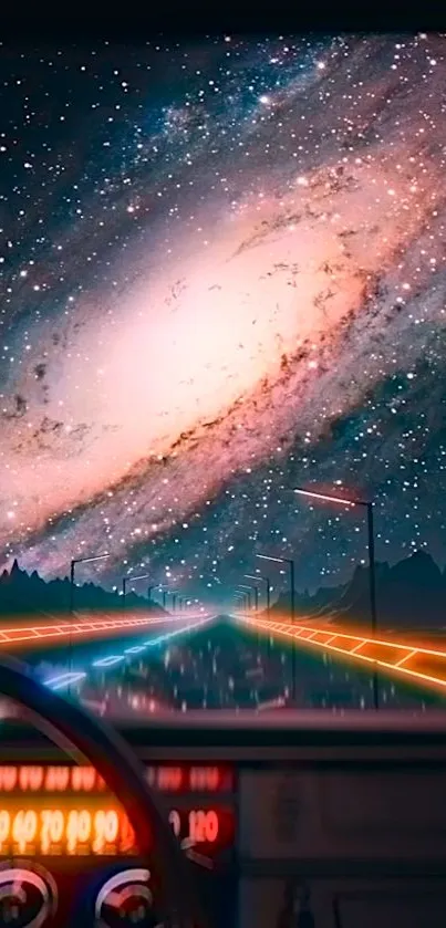 Mobile wallpaper with a galaxy and futuristic highway.