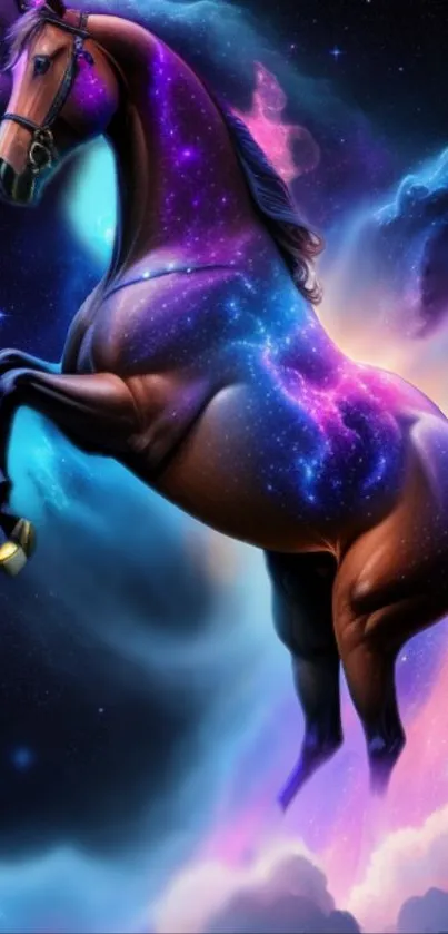 A stunning galactic horse set against a vibrant cosmic backdrop, filled with color and mystique.