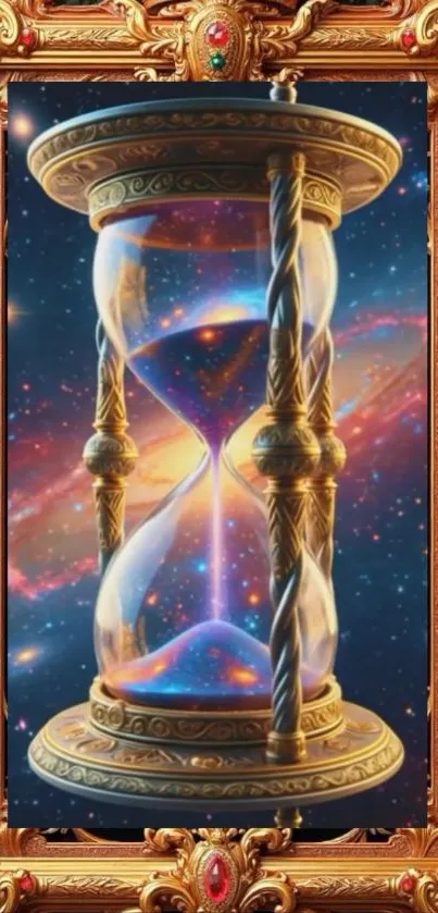 Golden hourglass with galaxy backdrop framed ornately.