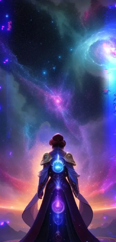 Mystic figure gazing at vibrant galaxy in space-themed phone wallpaper.