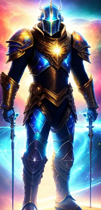 Galactic knight stands in cosmic attire with glowing galaxies behind.