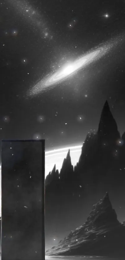 Galaxy landscape with mountains and stars in black and white wallpaper.